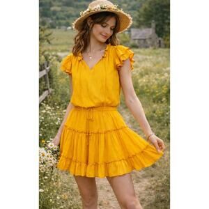 Skies Are Blue Cottagecore Satin Tiered Ruffle Mini Dress S Marigold Boho Whimsy